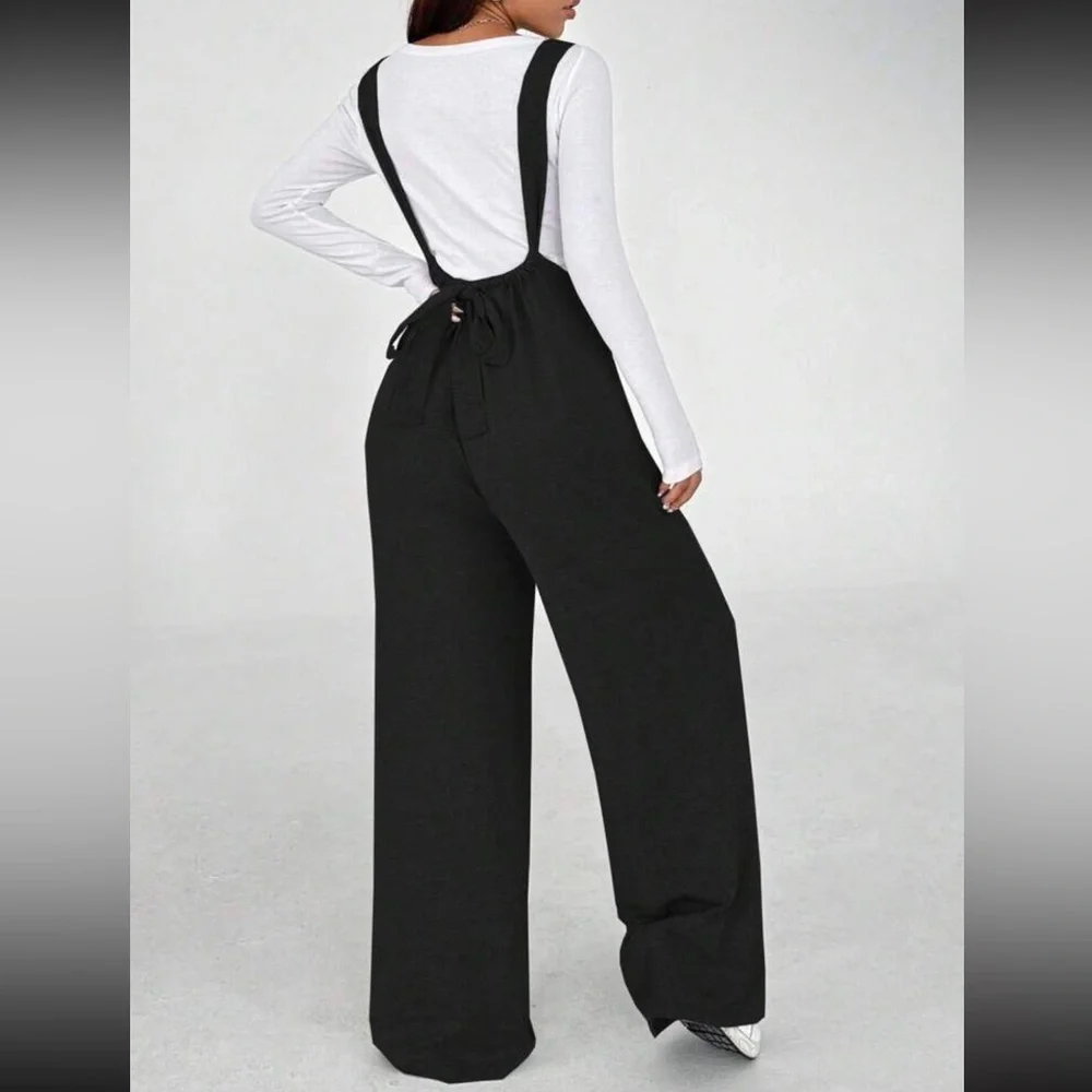 Jumpsuit overall Black Women's tie adjustable strap wide leg - Picture 3 of 4